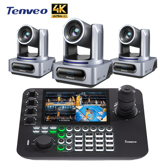 3Pcs 4K NDI 20X Zoom AI Auto Tracking POE PTZ Camera 4K with Joystick Controller for Broadcast