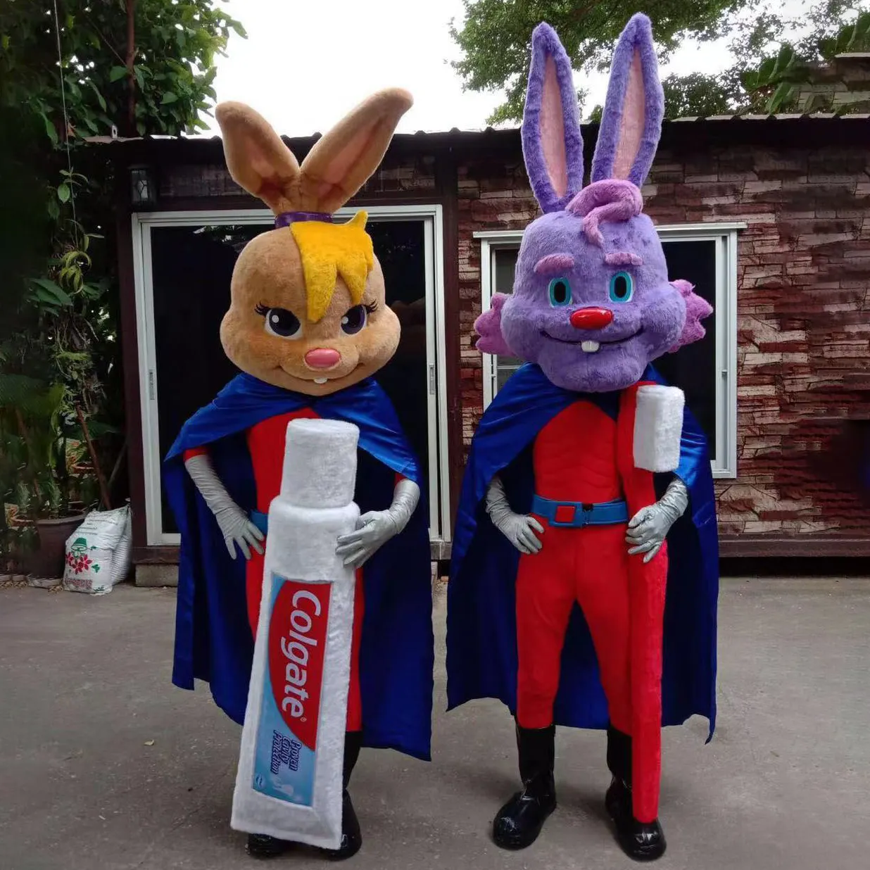 OEM/ODM société mascotte personnalisé lapin en peluche réaliste animal Cartoon mascotte Costume avec dentifrice et brosse à dents