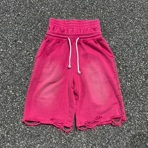Pantalones Cortos Bermuda de Algodón Rosa para Hombre, Cintura Alta, Cordón Ajustable, Estilo Casual, Dobladillo Desgarrado, Tejido de Punto, Transpirable, Color Sólido - Product Image 1