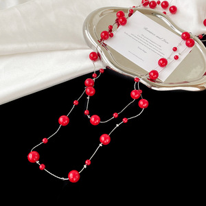 Guohaoshipin Multi Layer Red Imitation Pearl <b>Necklace</b> <b>Long</b> Chain Ball Shape Party Fashion Jewelry Women's Accessory - Product Image 3