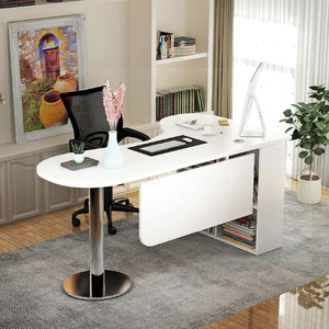 โต๊ะทำงานมุมโค้งเรียบง่ายทันสมัย พร้อมชั้นวางหนังสือ ทำจากเมลามีน โต๊ะคอมพิวเตอร์เดี่ยวสำหรับใช้ในบ้านหรือสำนักงาน - Product Image 1