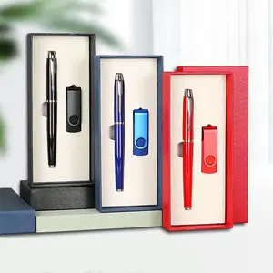 Kotak set pena logam kustom bisnis, dengan flash drive USB-PBS-0905 kualitas tinggi bisnis sekolah perlengkapan kantor