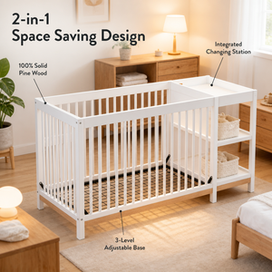 Lit bébé convertible moderne 4 en 1 en bois massif avec table à langer, cadre en bois, hauteur de matelas réglable - Product Image 2