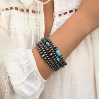5 pièces/ensemble Navajo perle rétro Style occidental Turquoise perlé brossé Bracelet extensible Turquoise et (Faux) Navajo Bracelet pile