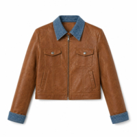 Veste en jean synthétique marron pour femme, style trucker, col patchwork, fermeture éclair, hip-hop, automne-hiver, vente en gros