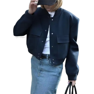 Nouvelle veste courte en maille unie respirante pour femme, style motard, col montant, boutonnée, avec poches, collection automne, tendance - Product Image 1