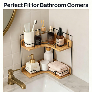 Étagère d'angle de salle de bain à 2 niveaux en bambou avec acier inoxydable 304, support de rangement en bois pour comptoir de salon - Product Image 2