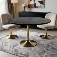 Table basse de salon Tulip, ronde, en chêne noir, avec base en acier inoxydable doré