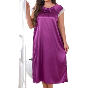 <span class=keywords><strong>Camicia</strong></span> <span class=keywords><strong>da</strong></span> <span class=keywords><strong>notte</strong></span> estiva a <span class=keywords><strong>maniche</strong></span> <span class=keywords><strong>corte</strong></span> <span class=keywords><strong>da</strong></span> donna grande pigiama in raso di seta di ghiaccio con fiocco lungo abito in pizzo a un pezzo - Product Image 1