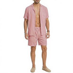 Ensemble décontracté homme rose à manches courtes et short, tenue d'été respirante en coton tissé et polyester, survêtement - Product Image 1