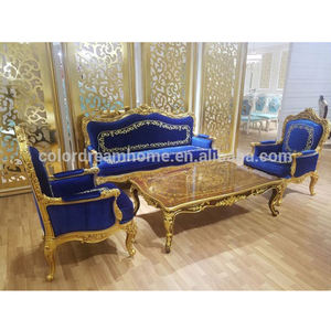 Set Sofa <span class=keywords><strong>Dubai</strong></span> Emas Royal biru beludru, set sofa klasik aksen kayu - Product Image 2