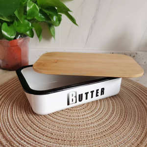 Vaisselle écologique en porcelaine émaillée métal acier plat à beurre couvercle en bambou beau conteneur usage domestique professionnel - Product Image 4