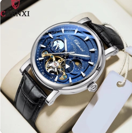 CHENXI 8872 New Fashion Automatic Mechanical Wristwatches Design Round Dial Watch Men Hollow Out Moon Phase Men Business Watches