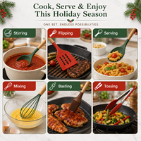 Ensemble d'ustensiles de cuisine en silicone de Noël en gros avec manches en bois - Ustensiles de cuisson avec support de rangement