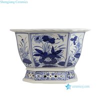 Pots à fleurs octogonaux en porcelaine RZKS13-D bleu et blanc, peints à la main, motif lotus vitré, pour jardin et usage domestique