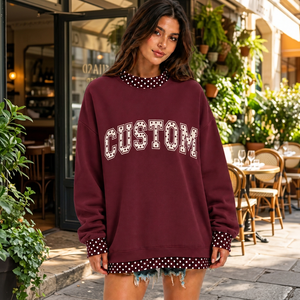 Trendy Custom <b>Letter</b> Print <b>Applique</b> Contrast Trim Polka Dots Patchwork Mockneck Sweatshirt Streetwear Adult Youth Club Outerwear - Product Image 3