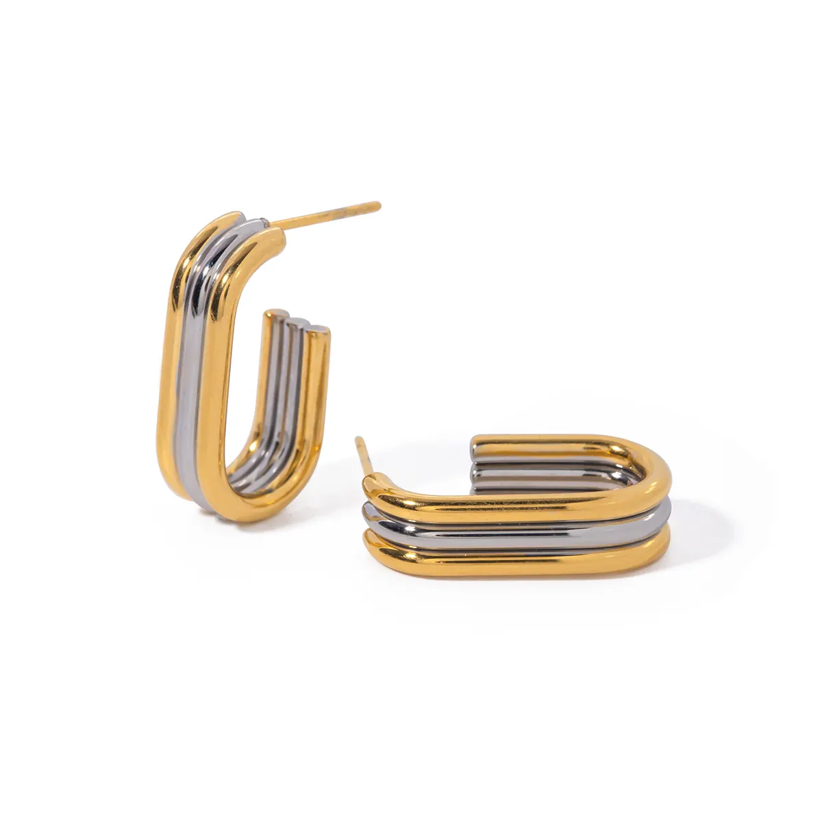JD Jewelry Pendiente de aro geométrico de tres capas de acero inoxidable chapado en oro de 18 quilates