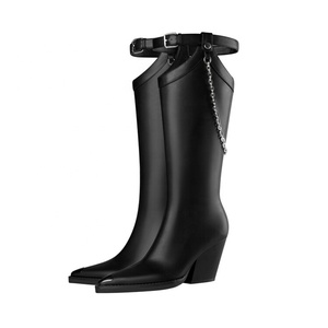 Cow Boy Western Styles Women Snake Print Knee High <b>Boots</b> Wedge Chunky Heels Metal Chain Booties Wide Feet Size 46 Shoes - Product Image 5