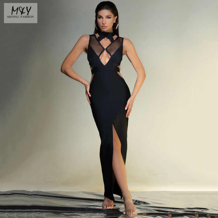 mi ying prom dress MIYING Fashion Black Bandage Evening Dress Sexy Hollow Cut Spliced  Transparent Party Dress Elegant Slit Prom Evening Gown| Alibaba.com