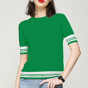 Maglione Pullover Casual in maglia da <span class=keywords><strong>donna</strong></span> con scollo a a righe rosa e verde per l'estate - Product Image 5