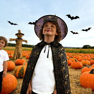 Kostum Jubah Anak-anak Halloween Jubah Cetak Emas Topi Penyihir Anak Laki-laki Perempuan Set Topi Selendang Pertunjukan Anak-anak Cosplay Kostum Jaring Laba-laba - Product Image 5