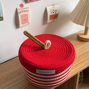 Panier <span class=keywords><strong>en</strong></span> <span class=keywords><strong>corde</strong></span> de coton rouge avec couvercle, panier <span class=keywords><strong>en</strong></span> cordon de coton avec couvercle, panier à serviettes <span class=keywords><strong>en</strong></span> coton tissé, panier fait main, boîte de rangement de cuisine de Noël - Product Image 3