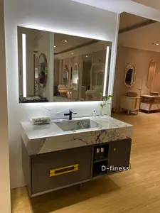 Hot Selling Modern White LED Lighting Smart Mirror Cabinet Bathroom Luxury Wall Mounted Vanity With Double Basin Marble Basin