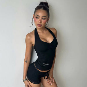 Ensemble deux pièces pour femmes, haut à bretelles et short en strass, style Y2K, sans manches, tenue d'été pour femmes - Product Image 5