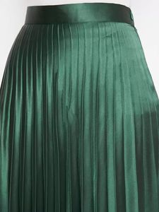 Falda <span class=keywords><strong>midi</strong></span> plisada con cremallera lateral de color oliva satinado de poliéster de alta calidad personalizada a precio barato para mujer - Product Image 4