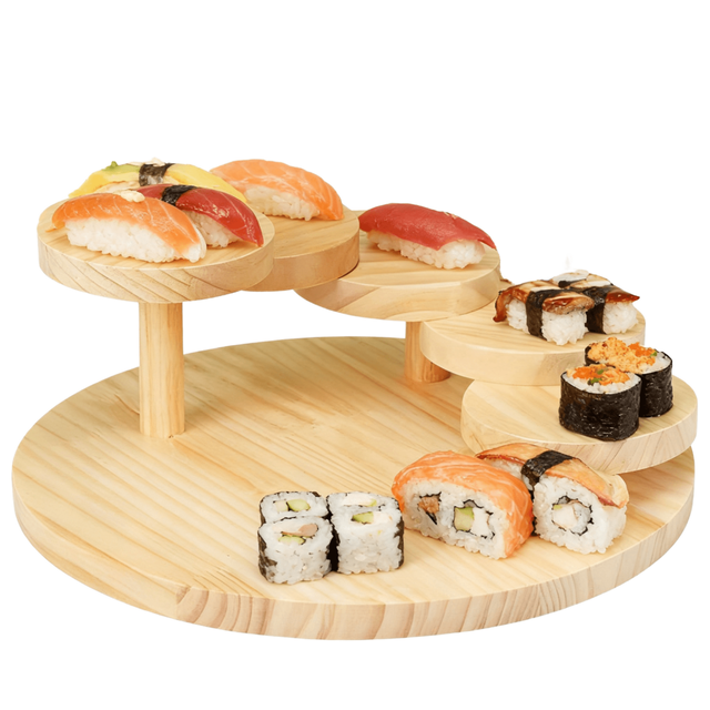 6-step rotating wooden staircase serving tray for gourmet Japanese cuisine