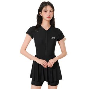 Jiehu ชุดว่ายน้ำชิ้นเดียวสำหรับผู้หญิงชุดว่ายน้ำคอวีสีดำสีทึบสำหรับฟิตเนสว่ายน้ำกีฬาทางน้ำสำหรับผู้ใหญ่ขนาด M - Product Image 1