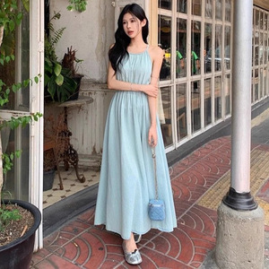 Women's Summer Vacation Beach Dress Off Shoulder Sleeveless Floor Length Empire Waist Solid Color Breathable Dress - Product Image 1