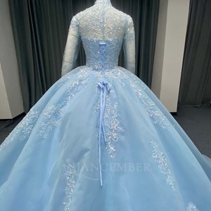 ANY258 Belle robe de soirée bleue à col haut avec paillettes et perles - Product Image 5