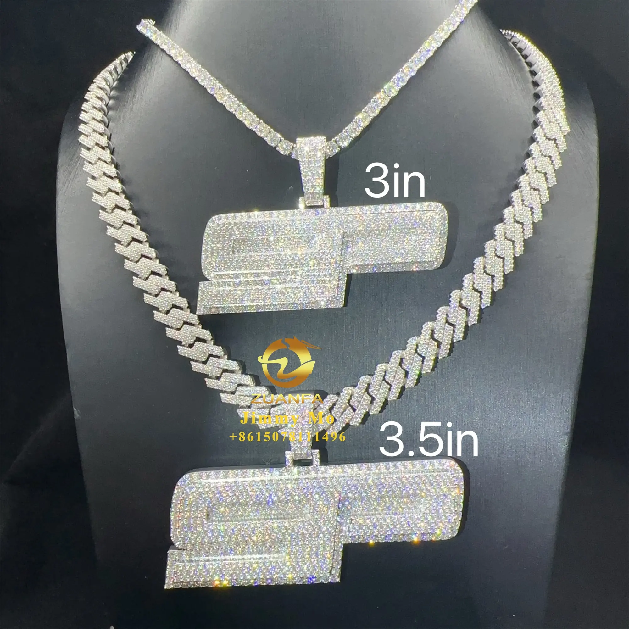 Personalização Passe Tester Diamante Hip Hop 3D Iced Out VVS Moissanite Diamante Carta Nome Pingente Tênis Cadeia Colar Set