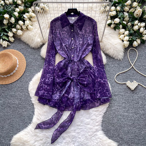 Elegante <span class=keywords><strong>Abito</strong></span> Camicia <span class=keywords><strong>Viola</strong></span> con Stampa Animalier da Donna, in Chiffon Fluido a Maniche Lunghe, con Cintura in Vita, <span class=keywords><strong>Mini</strong></span> <span class=keywords><strong>Abito</strong></span> Casual - Product Image 1