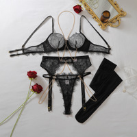 Ensemble de lingerie séduisante en dentelle transparente 4 pièces avec porte-jarretelles réglable et bijoux de corps, lingerie exotique noire pour femmes