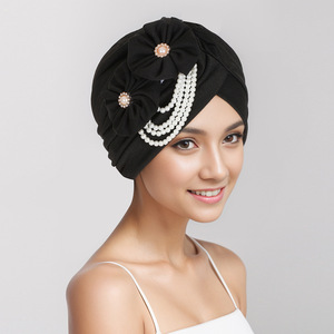 HZM-24299 nouvelles musulman fleur tête casquette Logo personnalisé bandeau femmes élastique perle turban chapeaux - Product Image 1