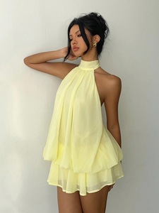 Nouvelle Robe Décontractée Unie Slim Sexy Dos Nu Col Montant et Mini-Jupe Bouffante pour Femme, Style Européen et Américain - Product Image 1