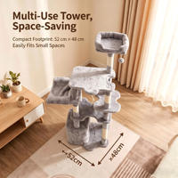 Arbre à chat multi-niveaux peu encombrant avec plateforme extra-large, maisonnette pour chat, hamac, griffoir en sisal et balle jouet pour chats de grande taille