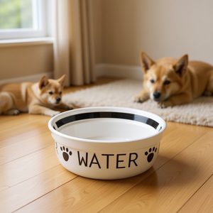 Tazón de Agua para Mascotas de Cerámica, 0.6 L, Blanco con Huellas de Patas Negras, para Perros y Gatos - Product Image 3