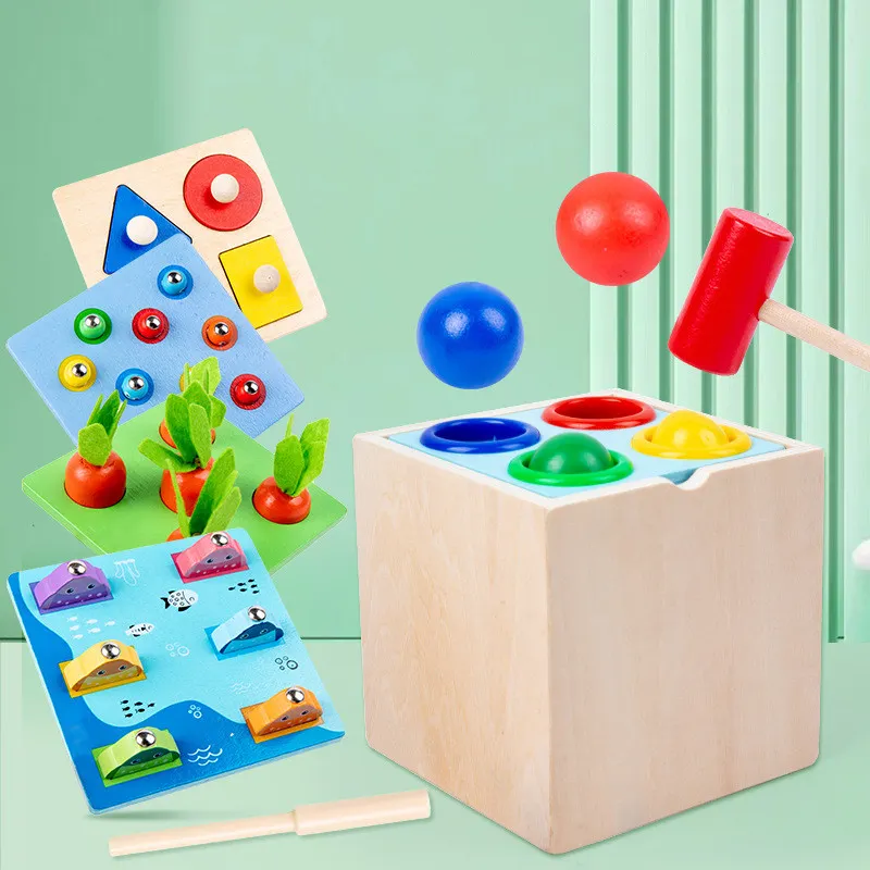 5 in 1 Preschool Wooden Fishing Toys Kids Carrot Harvest Game,Bug Catch Game Shape Match Montessori Play Kit