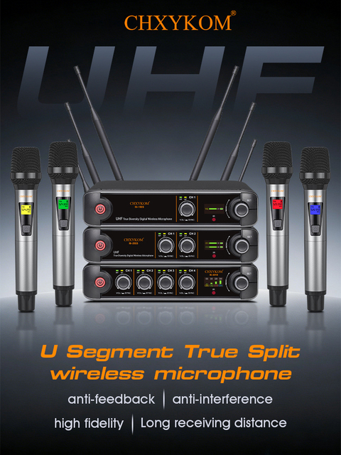 CHXYKOM 4-Channel UHF Cardioid Wireless Microphone System, for Stage Performance, Parties & Event Karaoke