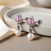 Anting Tusuk Baja Bedah 316L Lotus Pearl Dangle, Desain Bunga Enamel Warna-warni, Model Sekrup, Perhiasan Tindik Helix
