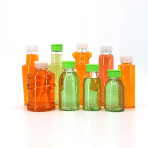 Botella de burbujas de plástico PET con forma de oso largo creativo con tapas de asa de anillo jugo té bebidas energéticas botella de bebida 350ml 500ml