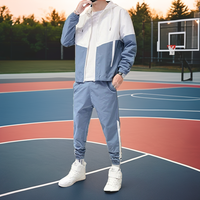 Conjunto Deportivo Casual para Hombre, con Capucha y Cremallera, de Manga Larga, Ligero y Transpirable, Diseño Color Block, Moda Primavera, Dos Piezas