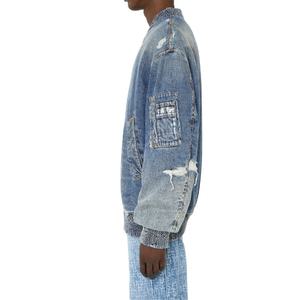 Blouson Bomber en Jean Homme Grande Taille Doublé Rembourré Bleu Délavé Effet Usé et Déchiré avec Fermeture Éclair et Bordures Élastiques – Vente en Gros - Product Image 6