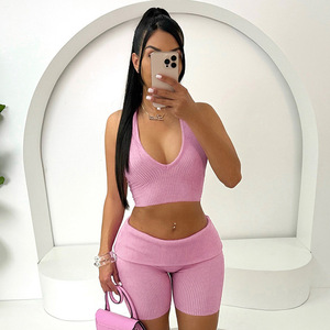 Completo Estivo da <span class=keywords><strong>Donna</strong></span> Due Pezzi, Top Halter Senza Schienale con Lacci e Shorts a Vita Alta, Set <span class=keywords><strong>Sexy</strong></span> Due Pezzi <span class=keywords><strong>Abbigliamento</strong></span> Femminile - Product Image 3