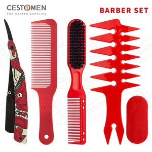 CESTOMEN Ensemble de 6 peignes professionnels pour barbier, ensemble de brosses pour <span class=keywords><strong>coiffeur</strong></span>, kit de peignes de rasoir rouge pour hommes - Product Image 2