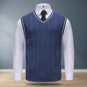 PRIMEAGE INDUSTRIES Gilet pull sans manches élégant pour homme, col en V, en laine/polyester tricoté respirant, couleur unie, pour l'automne - Product Image 2