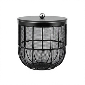 Panier de rangement en métal noir avec couvercle, panier rond en fil métallique pour fruits et légumes - Product Image 1
